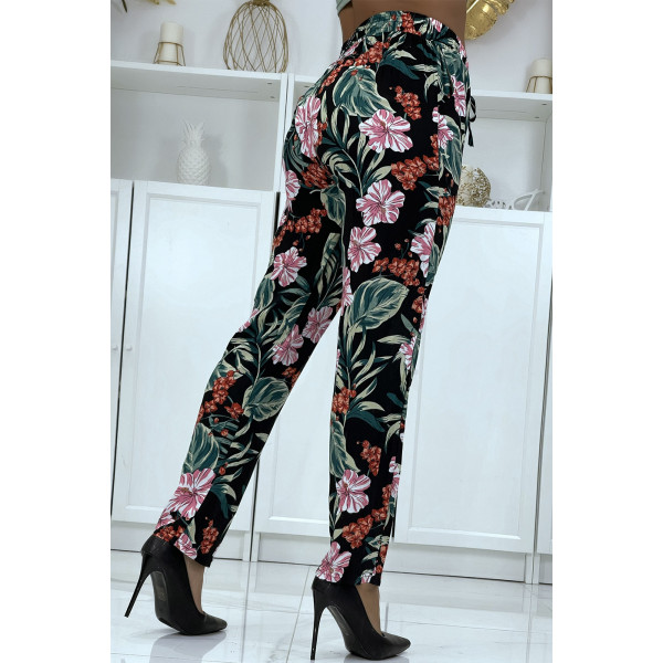 Pantalon fluide noir à motif floral B-21 - 4