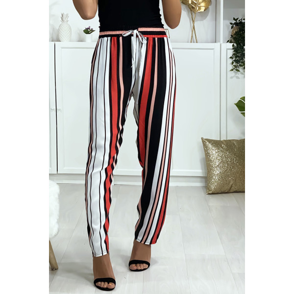 Pantalon rayé en coton rose rouge blanc avec poches - 3