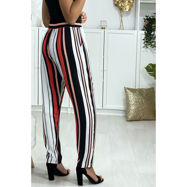 Pantalon rayé en coton rose rouge blanc avec poches - 4