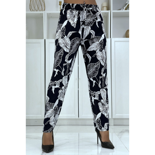 Pantalon fluide marine à motif floral B-31 - 1