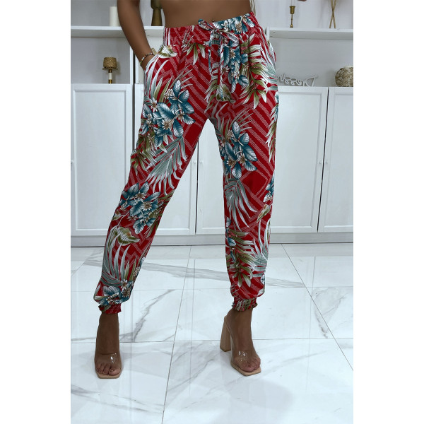 Pantalon fluide rouge à motif floral a-14 - 5