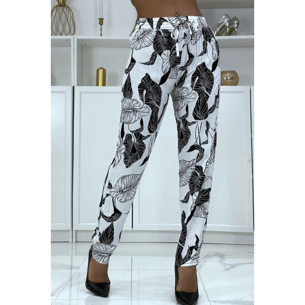 Pantalon fluide blanc à motif floral B-31 - 3