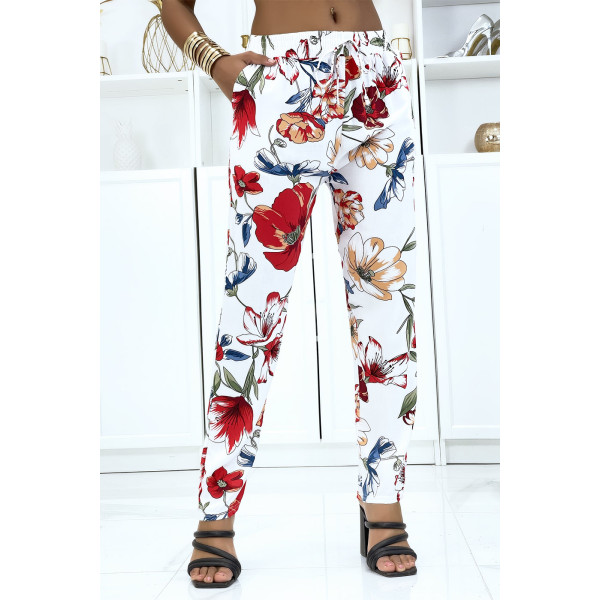 Pantalon blanc à motif floral, fluide élastique à la taille - 1