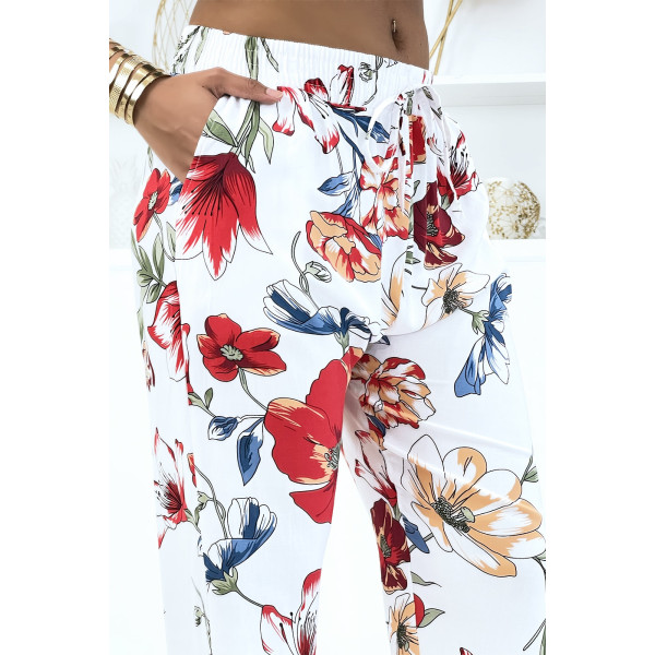 Pantalon blanc à motif floral, fluide élastique à la taille - 4