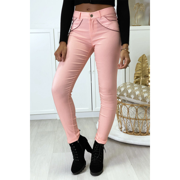 Pantalon slim rose en strech avec zip et suédine à l'avant - 1