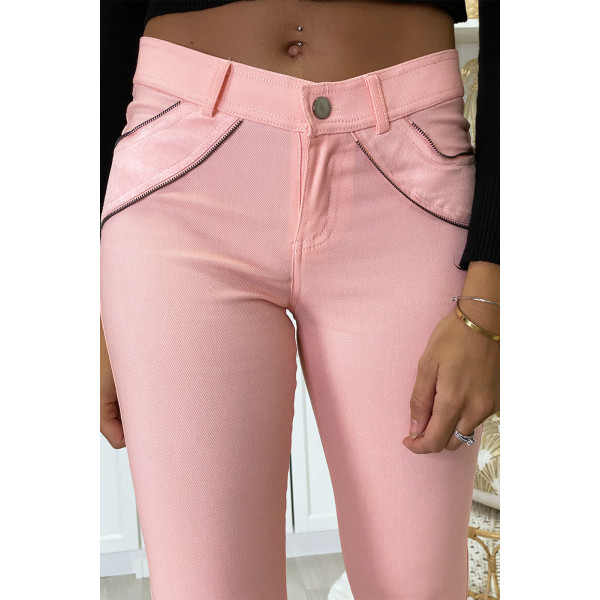 Pantalon slim rose en strech avec zip et suédine à l'avant - 3