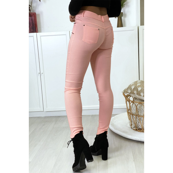 Pantalon slim rose en strech avec zip et suédine à l'avant - 5