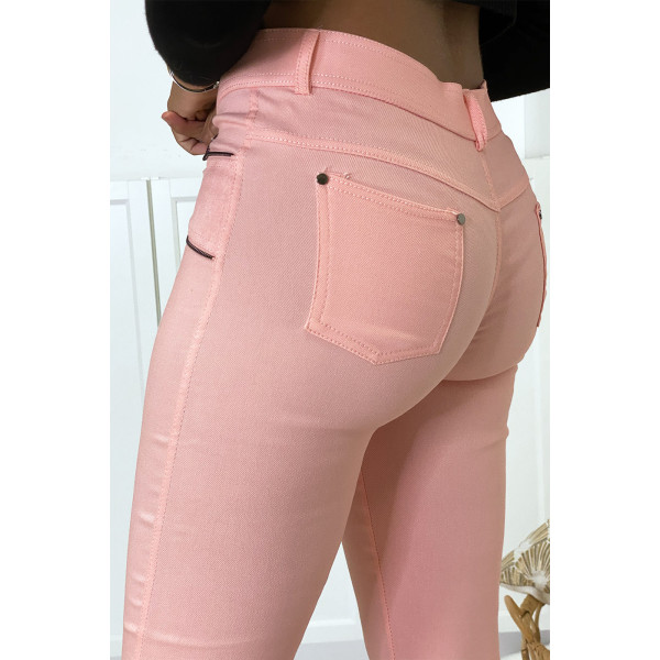 Pantalon slim rose en strech avec zip et suédine à l'avant - 6