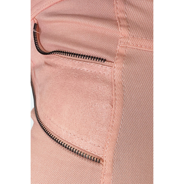 Pantalon slim rose en strech avec zip et suédine à l'avant - 7