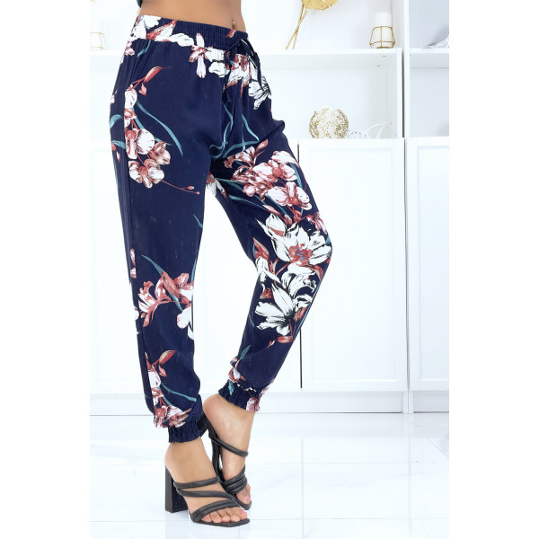 Pantalon marine à fleurs, fluide élastique à la taille et aux chevilles  - 3