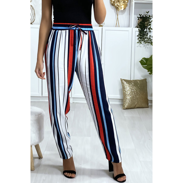 Pantalon rayé en coton bleu rouge blanc avec poches - 1