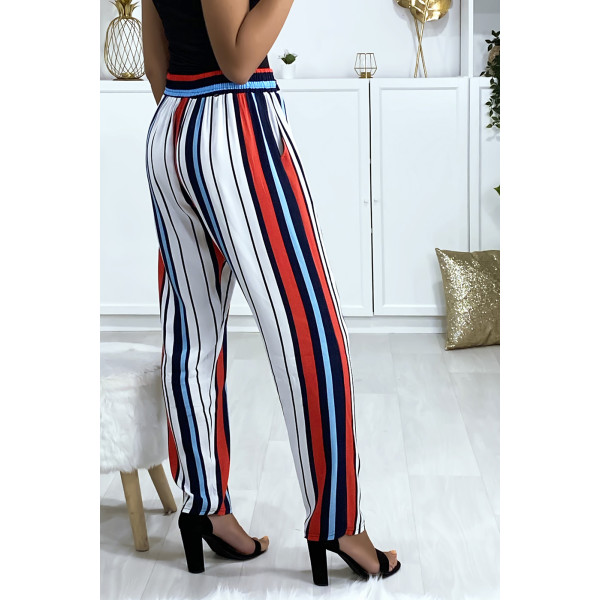 Pantalon rayé en coton bleu rouge blanc avec poches - 5