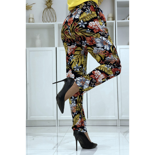 Pantalon fluide moutarde à motif floral B-59 - 4