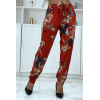 Pantalon fluide rouge à motif floral B-36 - 1