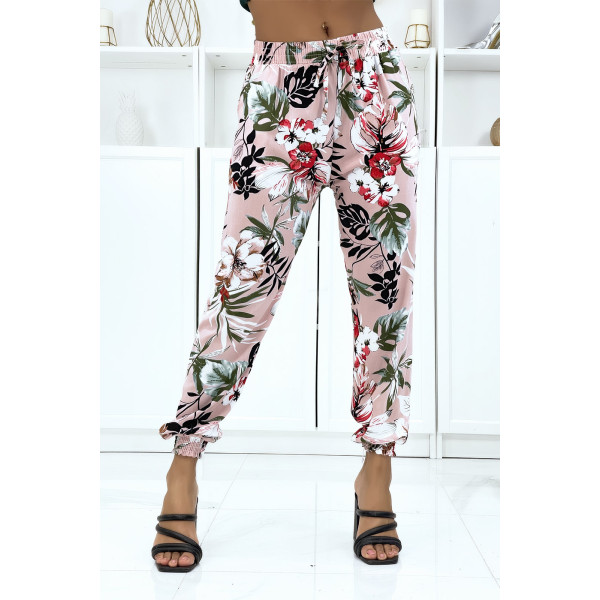 Pantalon rose à fleurs, fluide élastique à la taille et aux chevilles  - 1