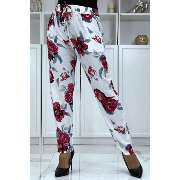 Pantalon fluide blanc à motif floral B-11 - 2