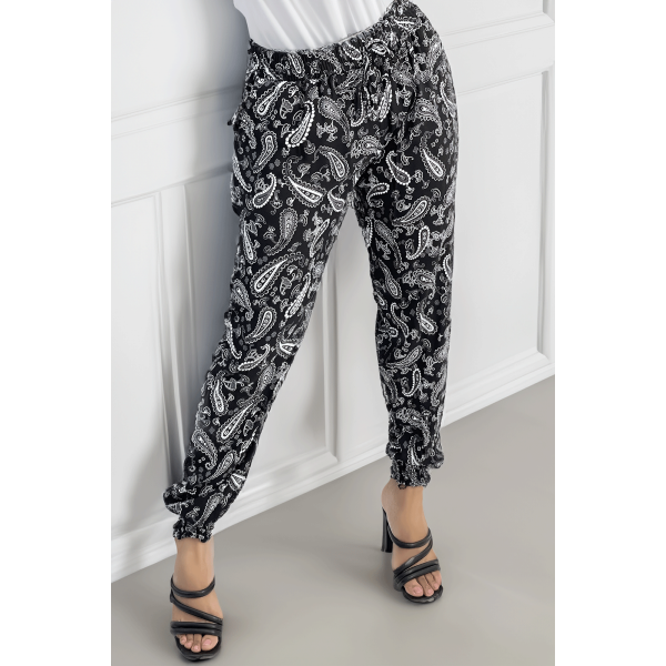 Pantalon fluide noir à motif aztèque avec joli noeud à la taille - 1