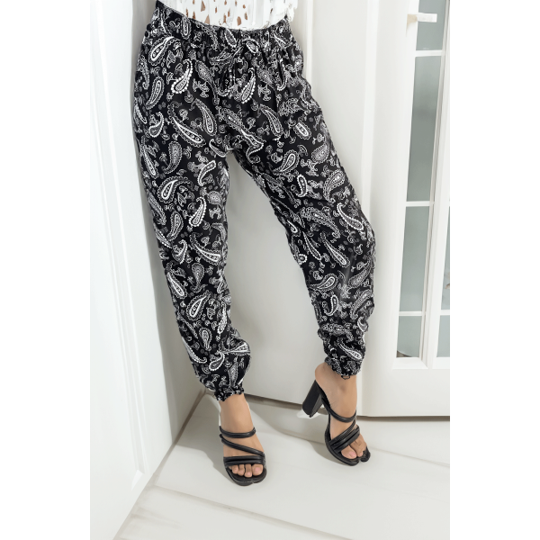 Pantalon fluide noir à motif aztèque avec joli noeud à la taille - 2