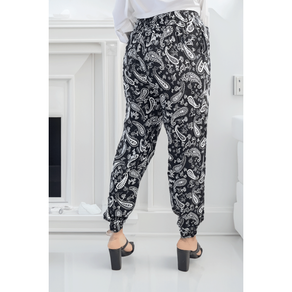 Pantalon fluide noir à motif aztèque avec joli noeud à la taille - 3