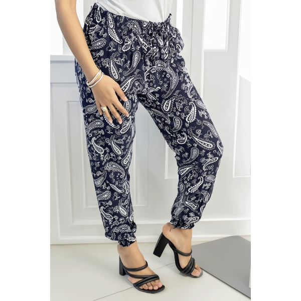 Pantalon fluide marine à motif aztèque avec joli noeud à la taille - 2