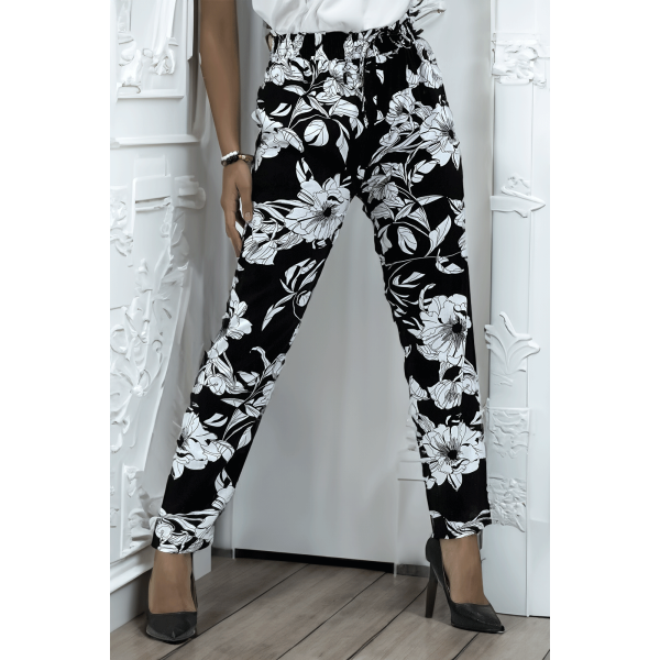 Pantalon fluide marine à motif floral B-54 - 1