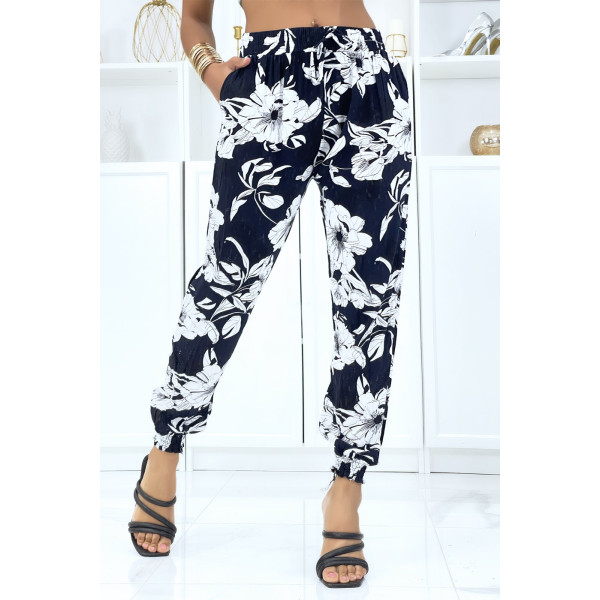 Pantalon marine à fleurs fluide élastique à la taille et aux chevilles  - 3