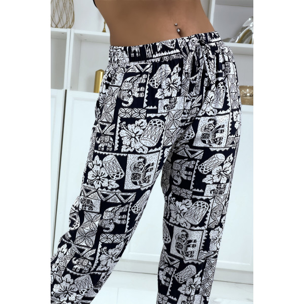 Pantalon fluide marine à motif ethnique A-21 - 4