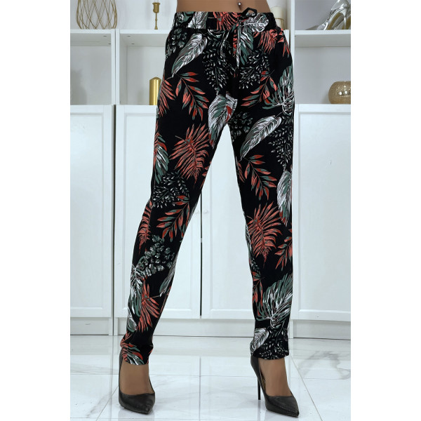 Pantalon fluide noir à motif floral B-15 - 2