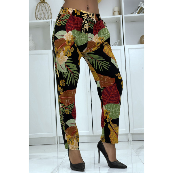 Pantalon fluide noir/moutarde à motif floral B-24 - 3