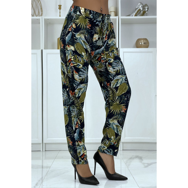 Pantalon fluide marine à motif floral B-23 - 2