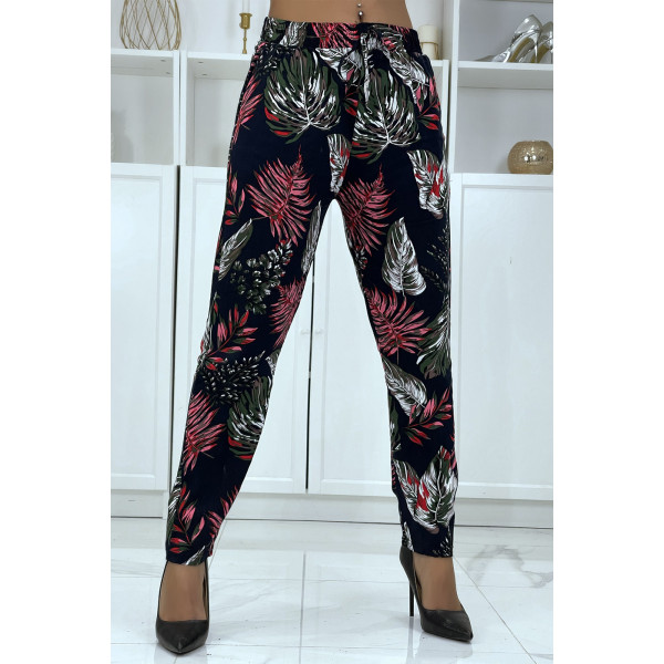 Pantalon fluide marine à motif floral B-15 - 1