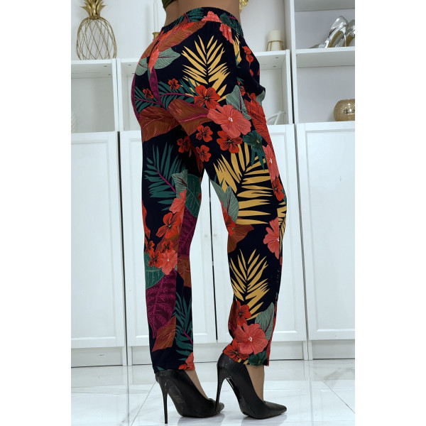 Pantalon fluide noir/rouge à motif floral B-24 - 2