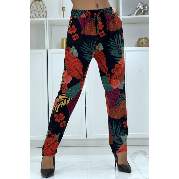 Pantalon fluide noir/rouge à motif floral B-24 - 5