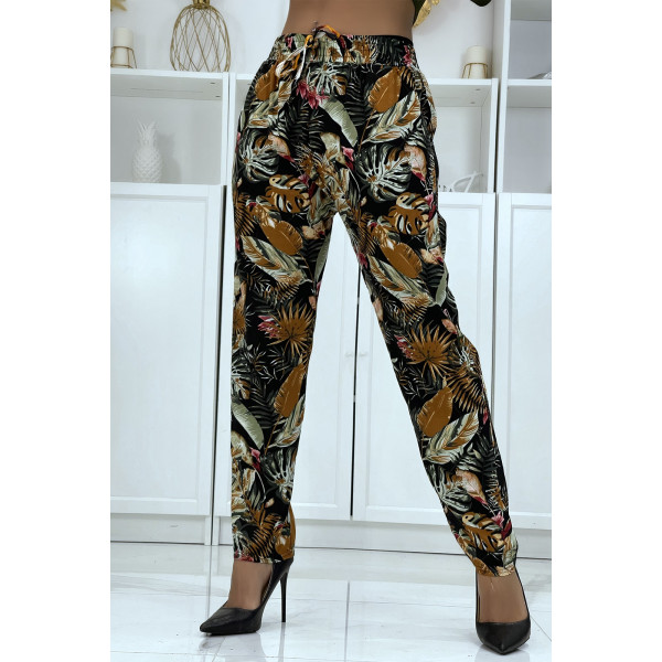 Pantalon fluide noir à motif floral B-23 - 4