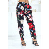 Pantalon noir à motif floral, fluide élastique à la taille - 2