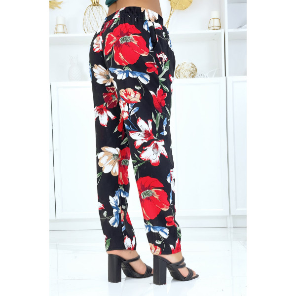 Pantalon noir à motif floral, fluide élastique à la taille - 3