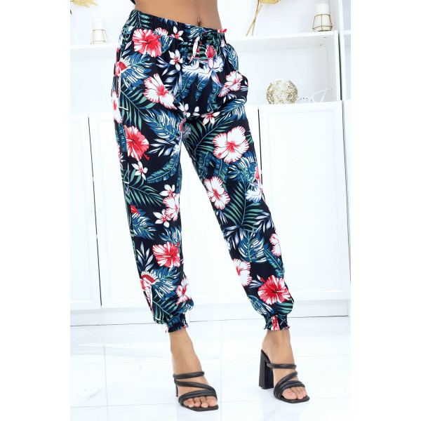 Pantalon noir à motif floral, fluide élastique à la taille et aux chevilles  - 2