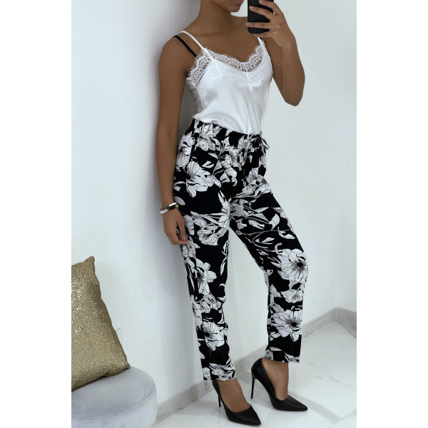 Pantalon fluide noir à motif floral B-54 - 6