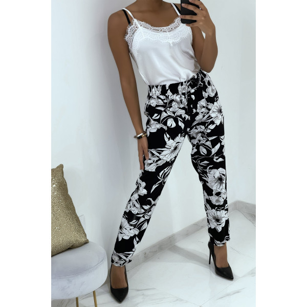 Pantalon fluide noir à motif floral B-54 - 7