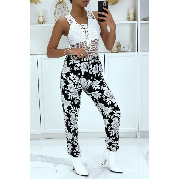 Pantalon fluide noire à motif floral B-60 - 1