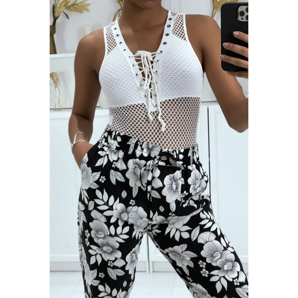 Pantalon fluide noire à motif floral B-60 - 2