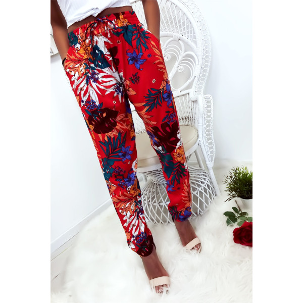 Pantalon fluide très agréable à porter en coton, motif fleuri rouge avec poche et lacet - 5