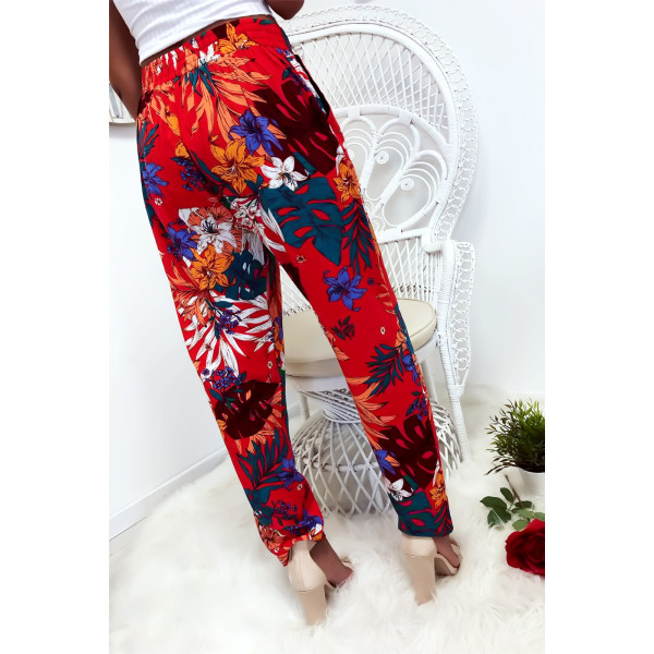 Pantalon fluide très agréable à porter en coton, motif fleuri rouge avec poche et lacet - 7