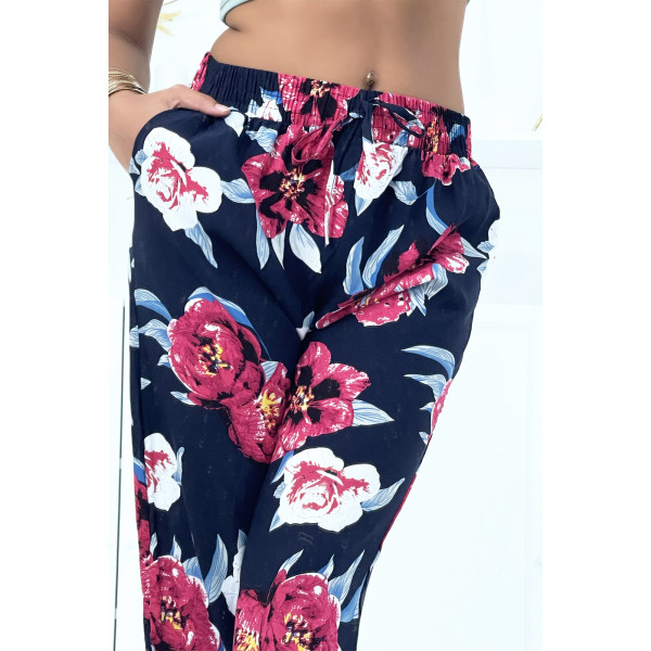 Pantalon marine à fleurs fluide élastique à la taille et aux chevilles - 4