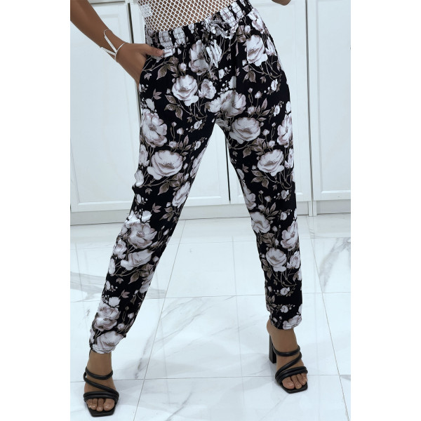 Pantalon fluide gris à motif floral B-60 - 3