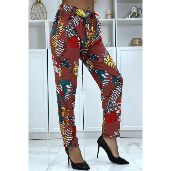 Pantalon fluide cognac à motif floral B-5 - 2