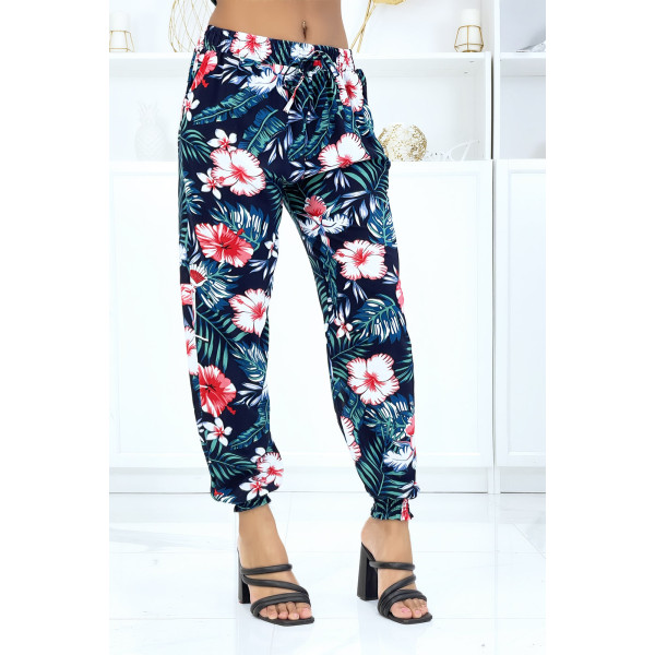 Pantalon marine à motif floral, fluide élastique à la taille et aux chevilles  - 2