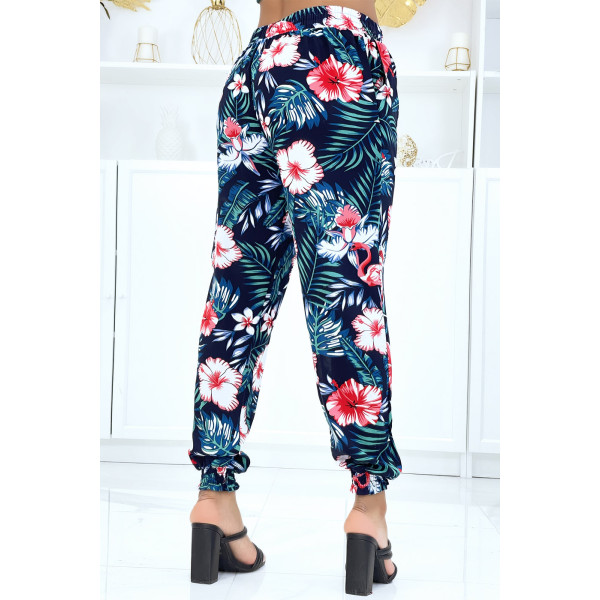 Pantalon marine à motif floral, fluide élastique à la taille et aux chevilles  - 3