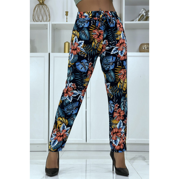 Pantalon fluide marine à motif floral B-29 - 1