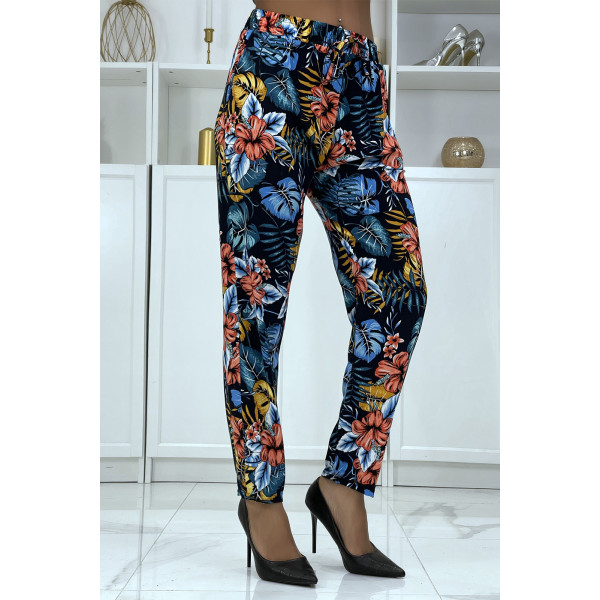 Pantalon fluide marine à motif floral B-29 - 2